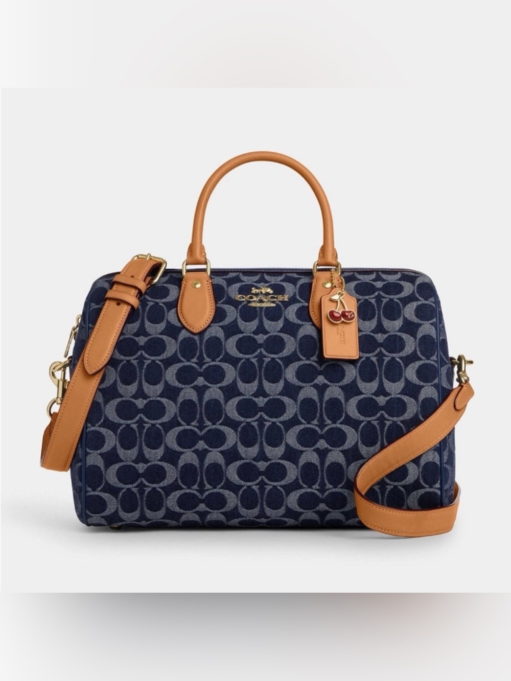 Coach Navy Signature Jacquard Satchel with Tan Leather Trim